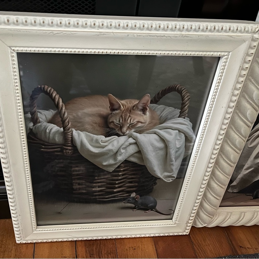 Framed Cat in Basket Art Print